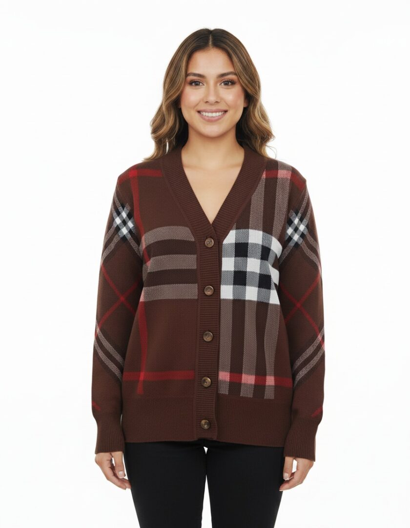 Button-Down Cardigan With Bold Plaid Design