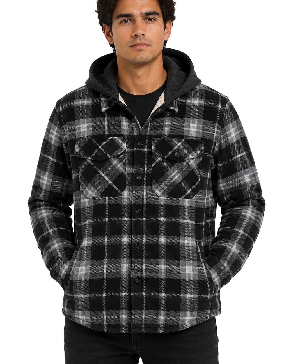 Men's Hooded Shacket with Sherpa Lining #636 Black