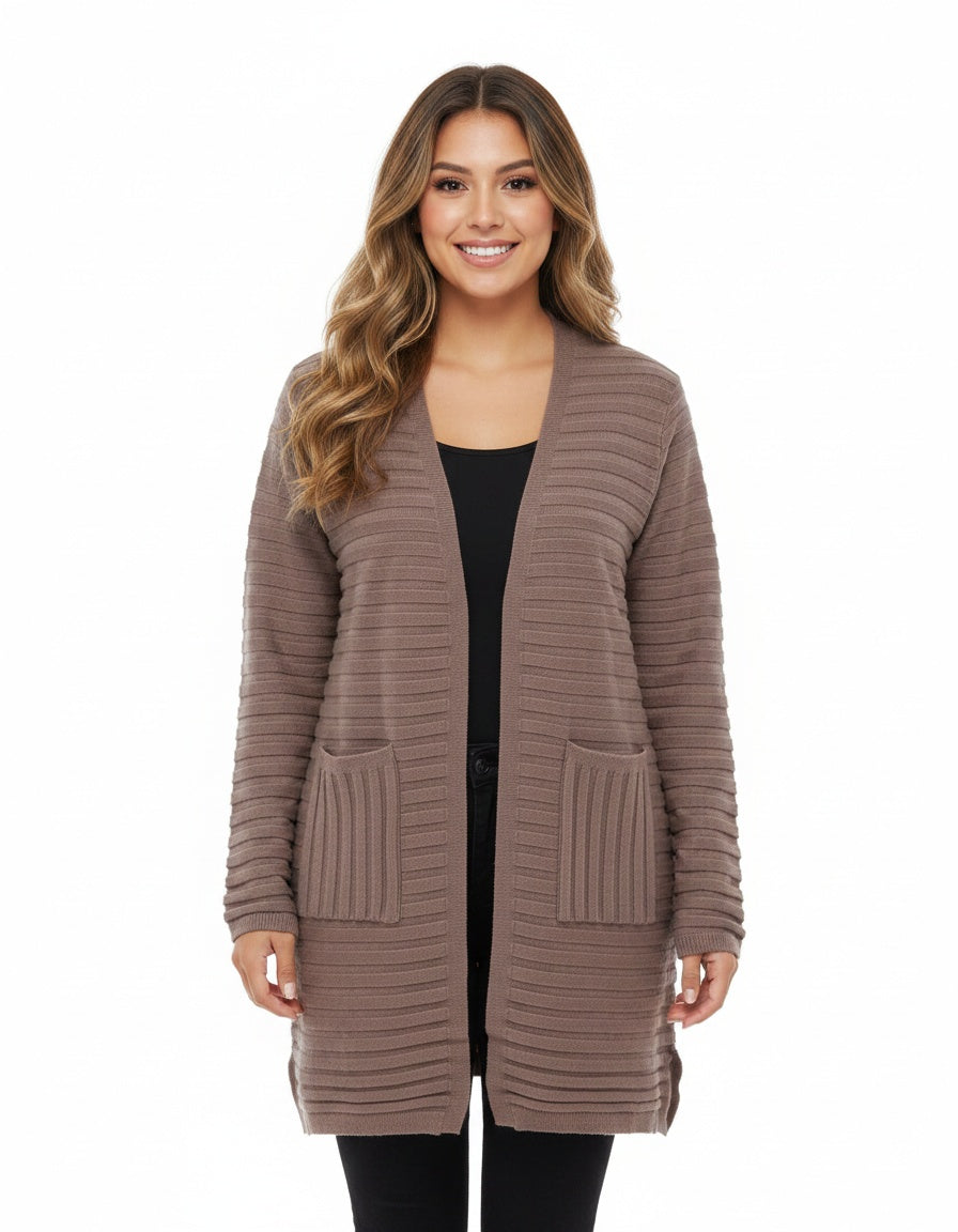 Open Front Cardigan with Horizontal Ribbed Knitting