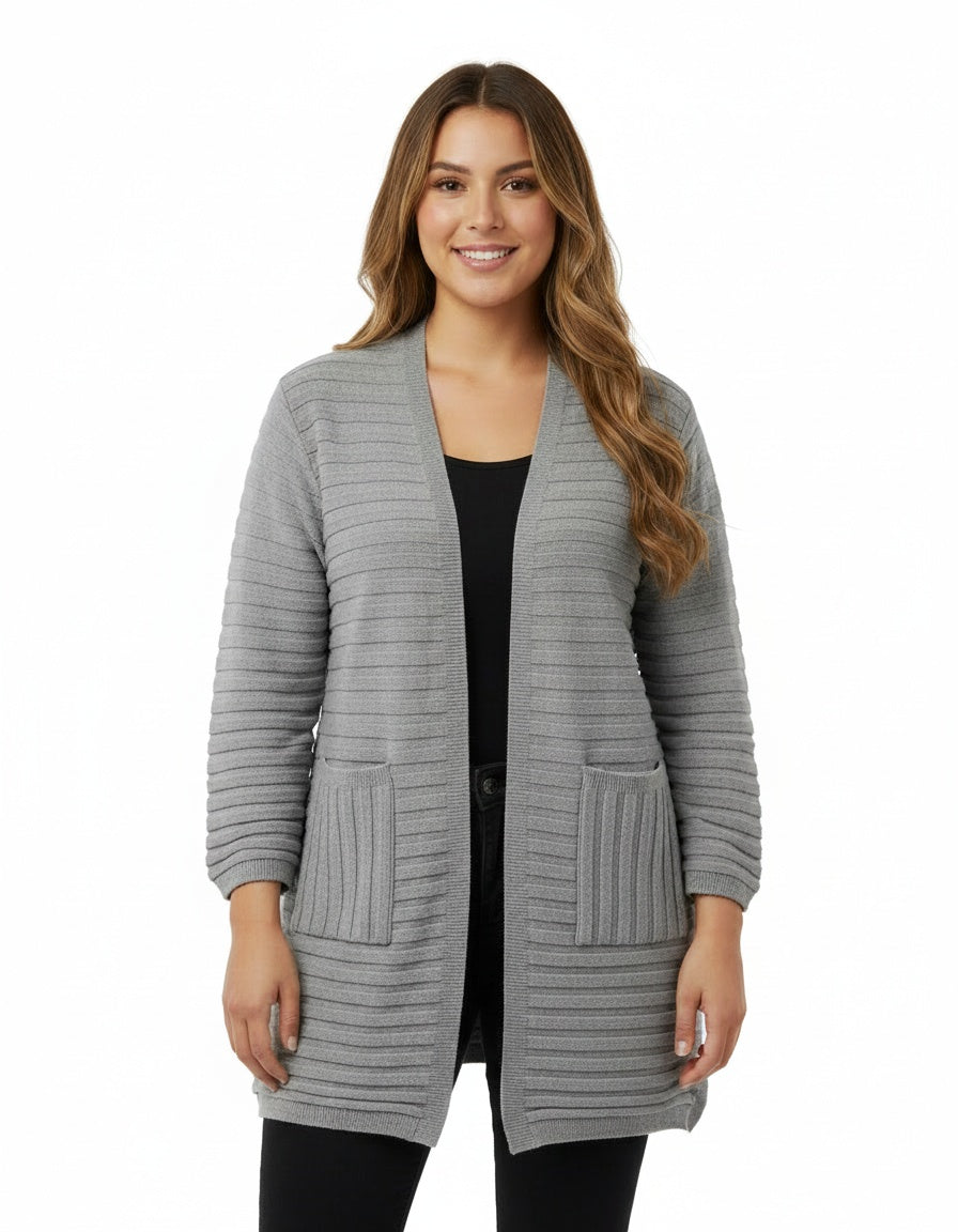 Open Front Cardigan with Horizontal Ribbed Knitting