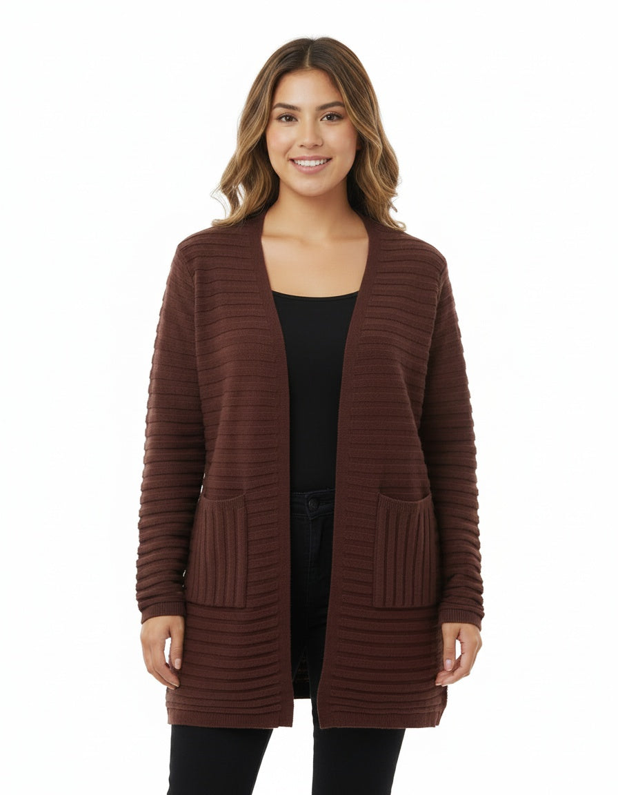 Open Front Cardigan with Horizontal Ribbed Knitting