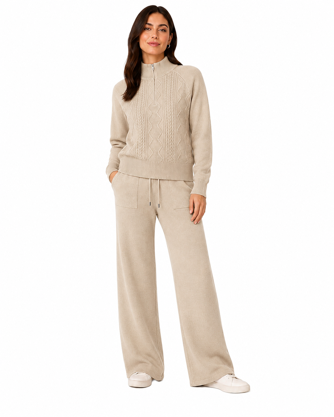 Cable-Knit Quarter-Zip Sweater & Wide-Leg Lounge Set #101