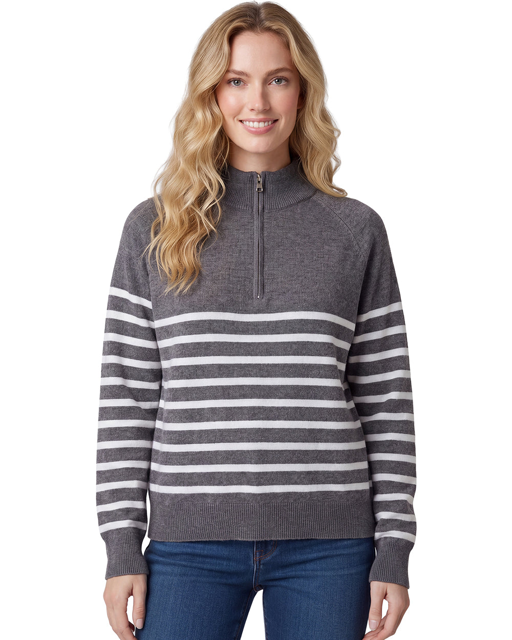 Ladies Quarter Zip Striped Sweater