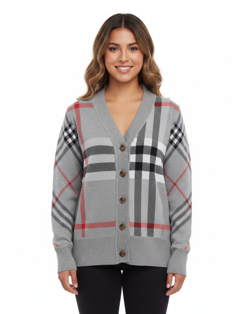 Button-Down Cardigan With Bold Plaid Design