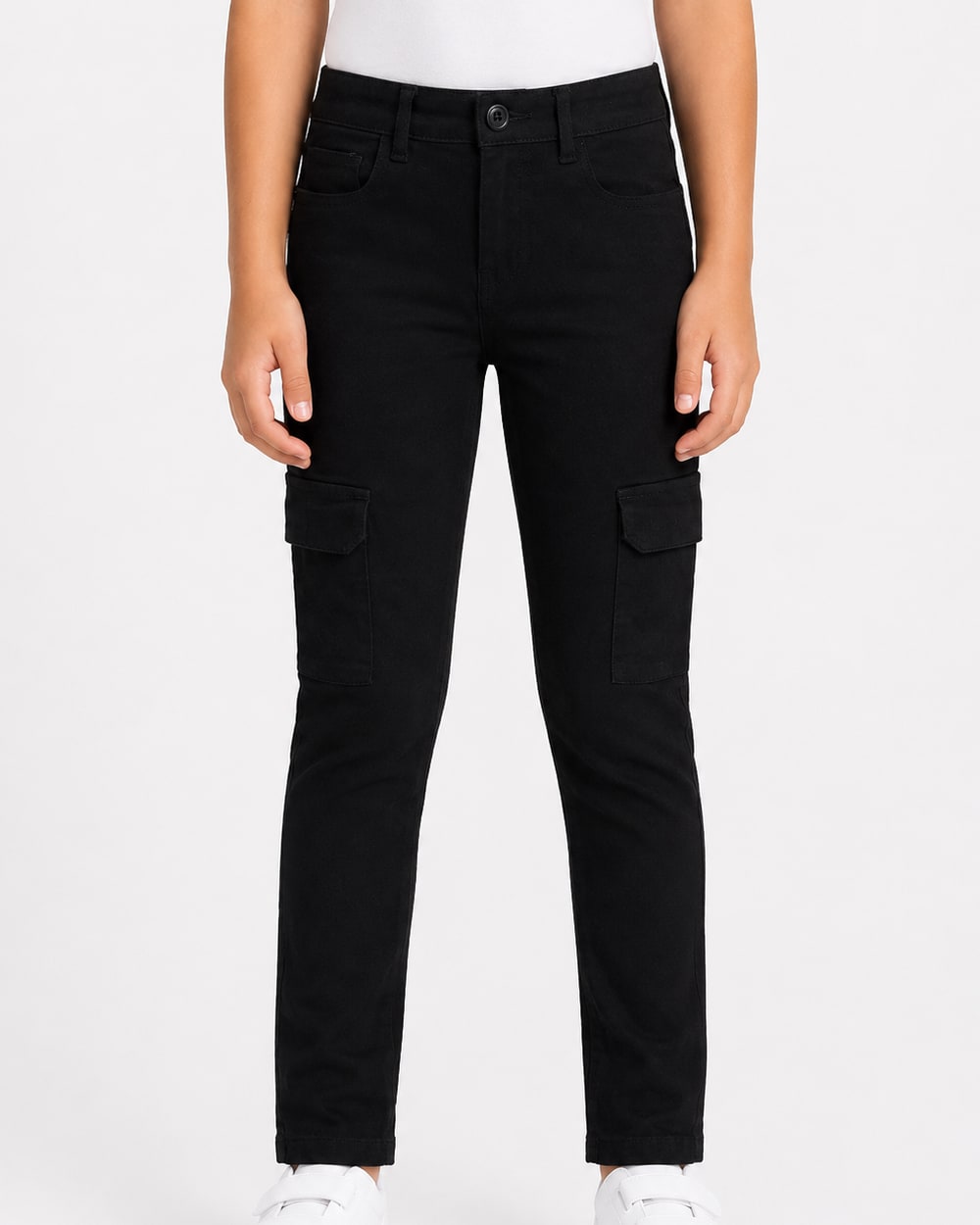 Girls' Skinny Black Twill Pants with Cargo Pockets #02