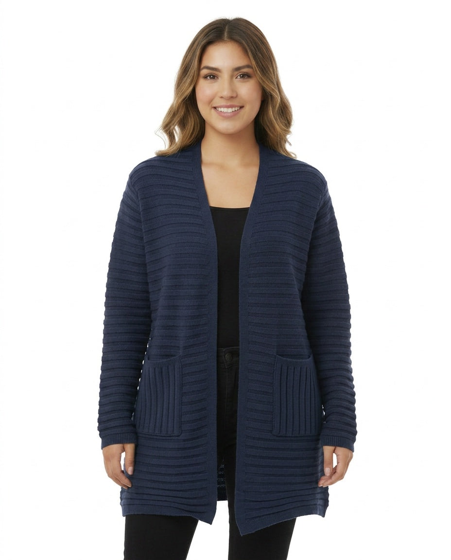 Open Front Cardigan with Horizontal Ribbed Knitting