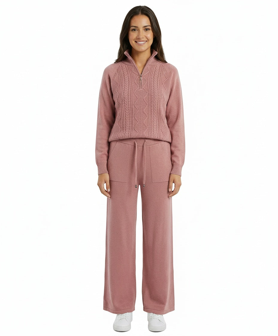 Cable-Knit Quarter-Zip Sweater & Wide-Leg Lounge Set #101